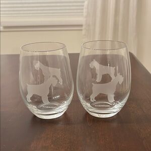 2 pc Etched Schnauzer Stemless Wine Glasses
